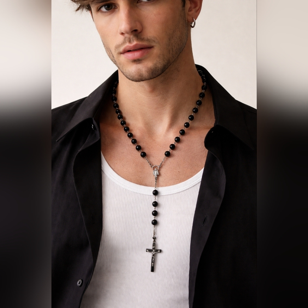 Authentic Dolce & Gabbana Unisex Black/Silver Rosary Necklace
